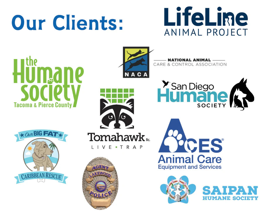 Client logo collage displayed on a gray background with red accents, featuring trusted partners of Humane Innovations.