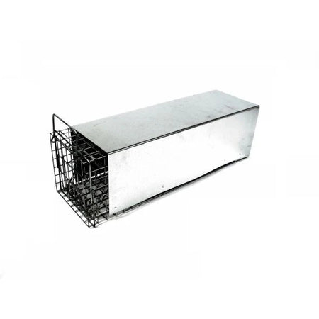 105.2 skunk trap cage with open front, designed for humane capture of small animals, shown on white background.