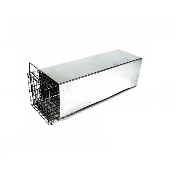 105.2 skunk trap cage with open front, designed for humane capture of small animals, shown on white background.
