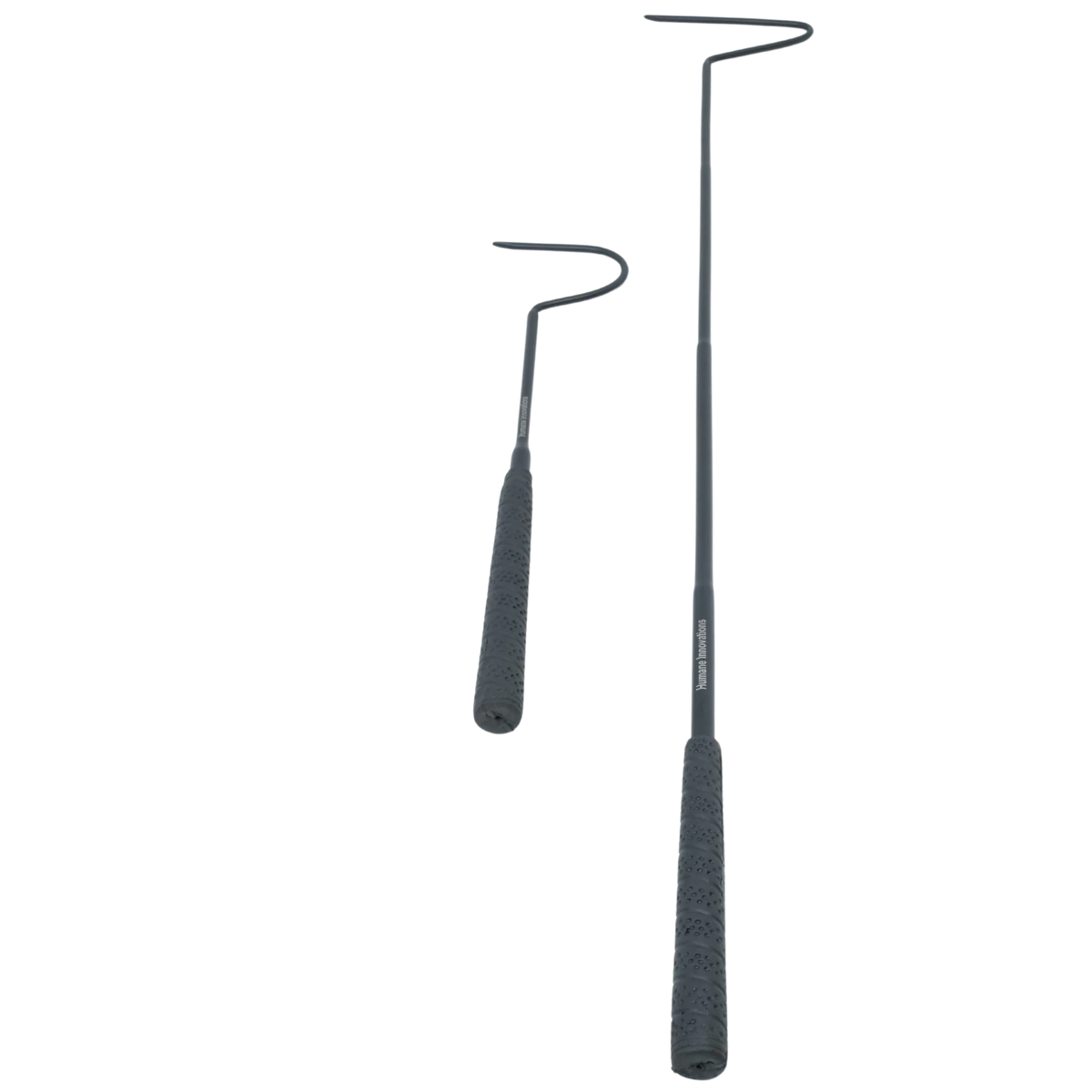 Two snake hooks in red and black, displayed side by side, showing different lengths and curved ends for safe handling.