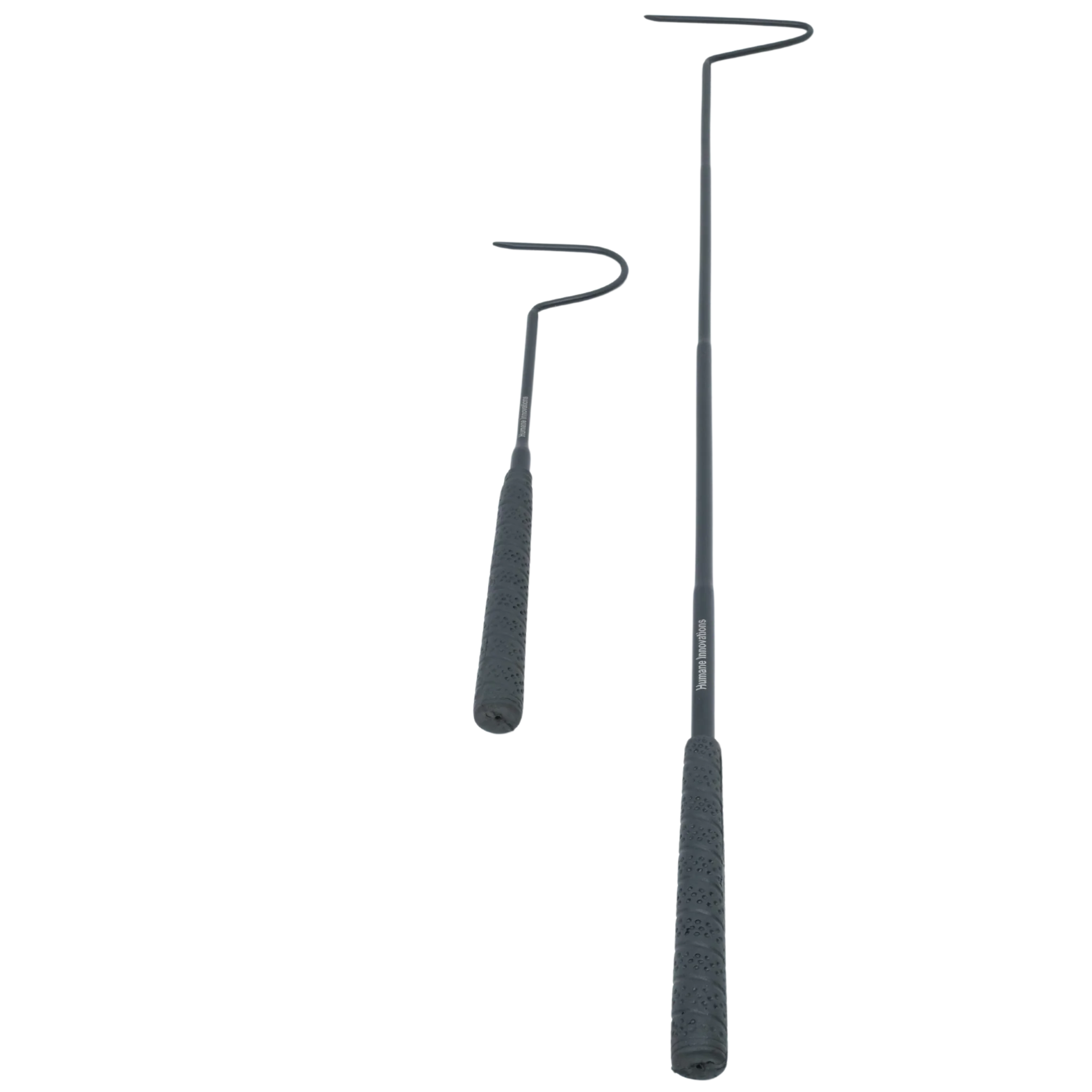 Two snake hooks in red and black, displayed side by side, showing different lengths and curved ends for safe handling.