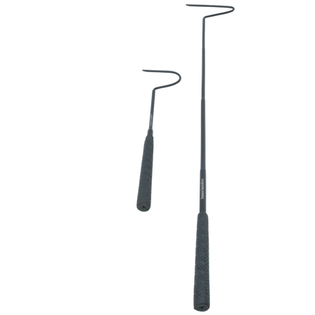 Two snake hooks in red and black, displayed side by side, showing different lengths and curved ends for safe handling.