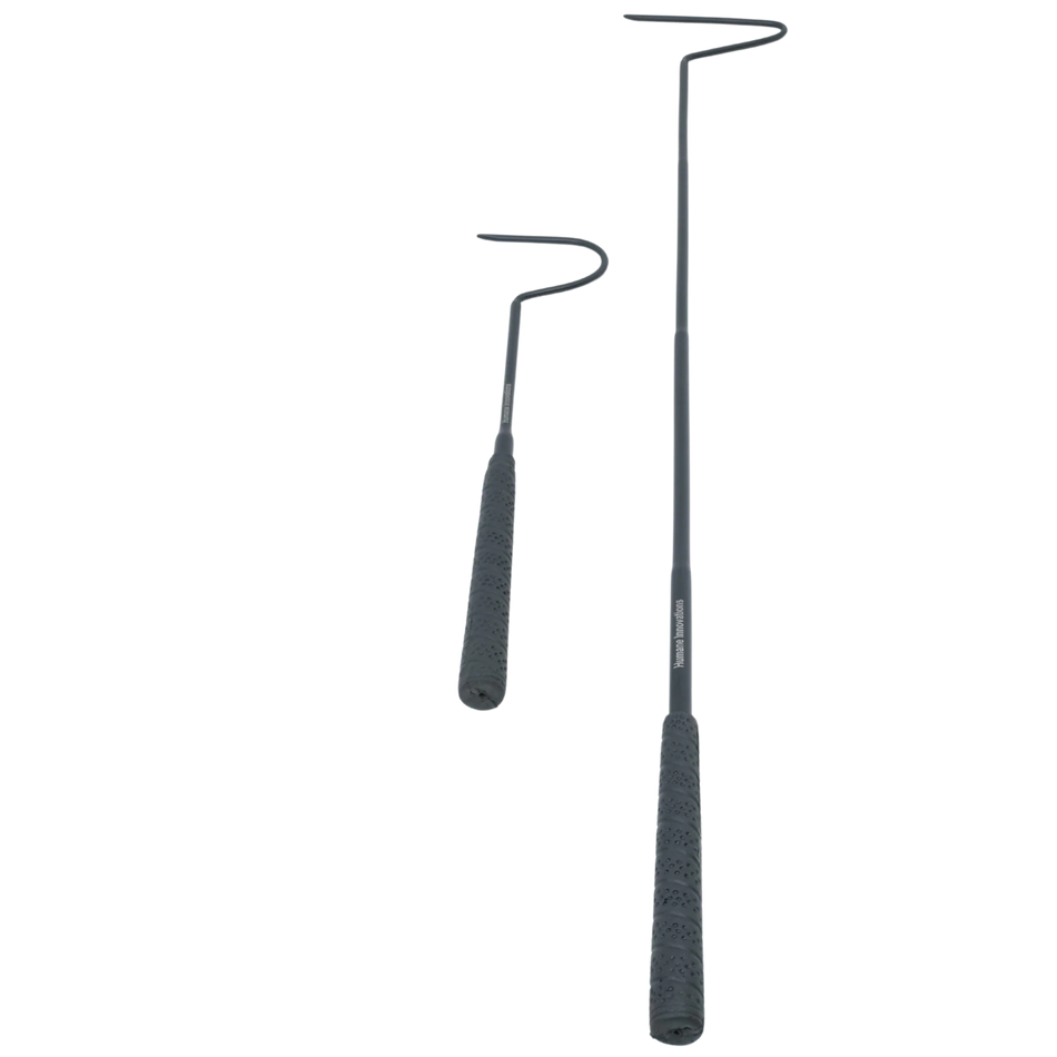 Two snake hooks in red and black, displayed side by side, showing different lengths and curved ends for safe handling.