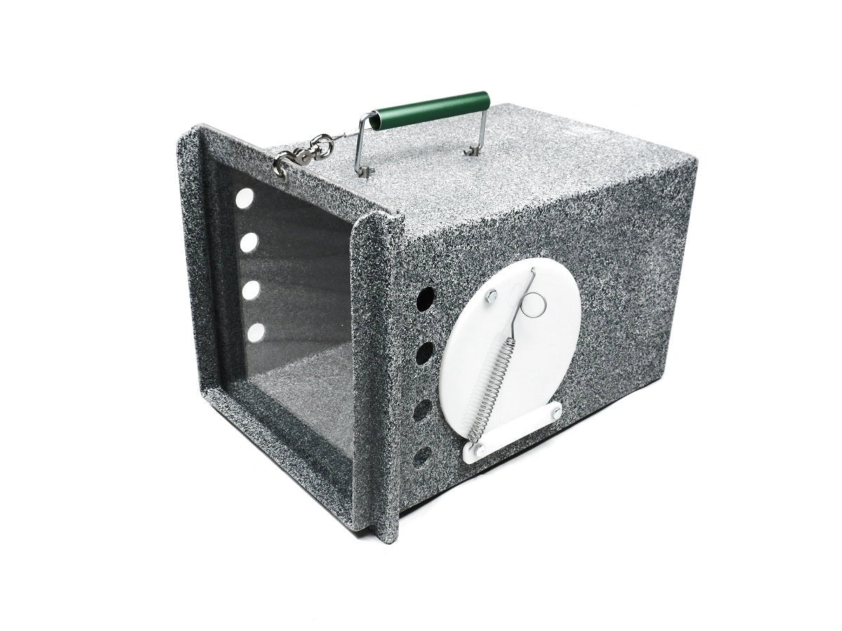 Clear-front humane trap model 721, showing visibility-focused design ideal for monitoring animals during safe relocation.