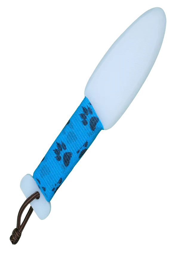 Blue dog muzzle with mesh sides and adjustable straps, shown on plain white background for secure animal restraint.
