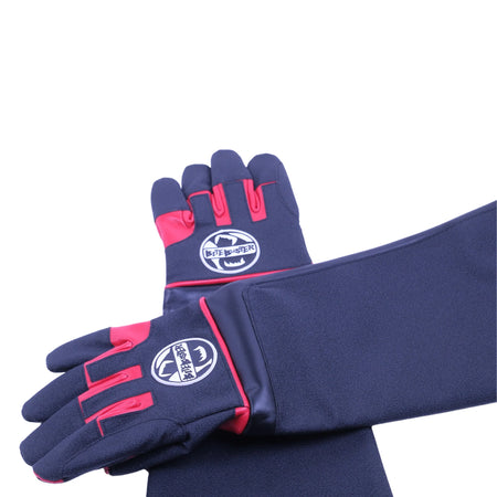 An extended-cuff pair of blue and red Bite Buster gloves designed for animal handlers who require bite protection proven in the field.