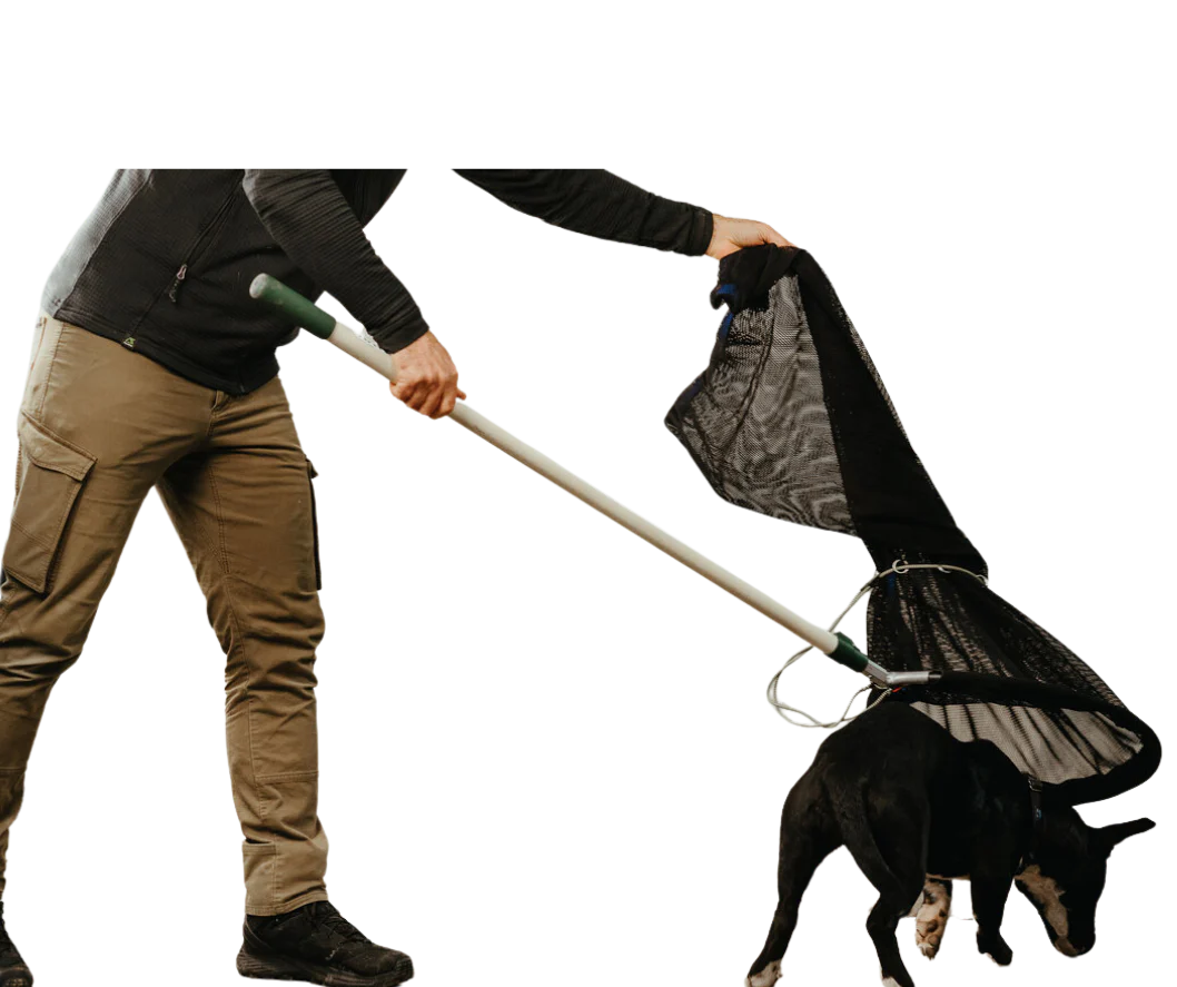 Freeman hammock net fully extended, showing wide black mesh and frame for safe animal capture and transport by handlers.