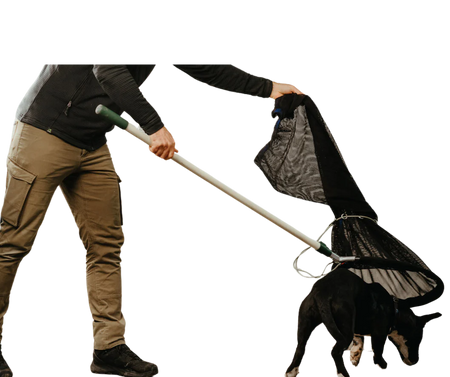 Freeman hammock net fully extended, showing wide black mesh and frame for safe animal capture and transport by handlers.