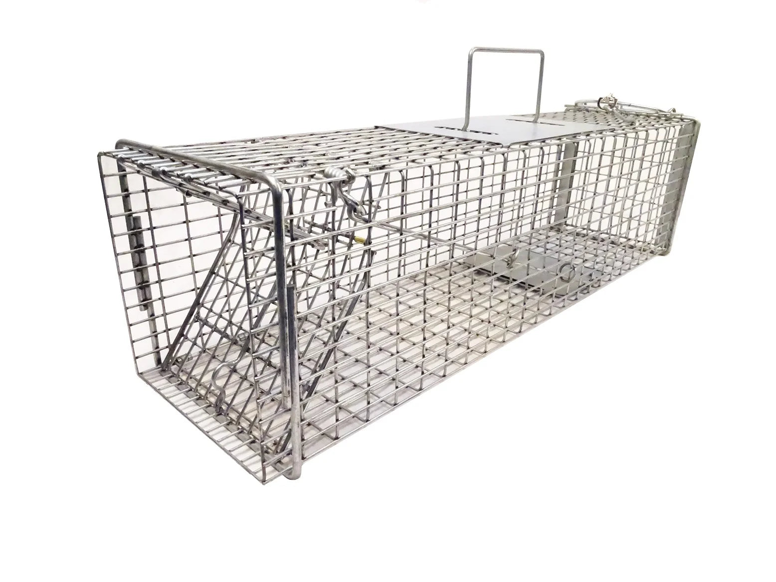 K66 kitten trap shown open with sliding rear door and trigger plate, designed for safe and humane small animal containment.