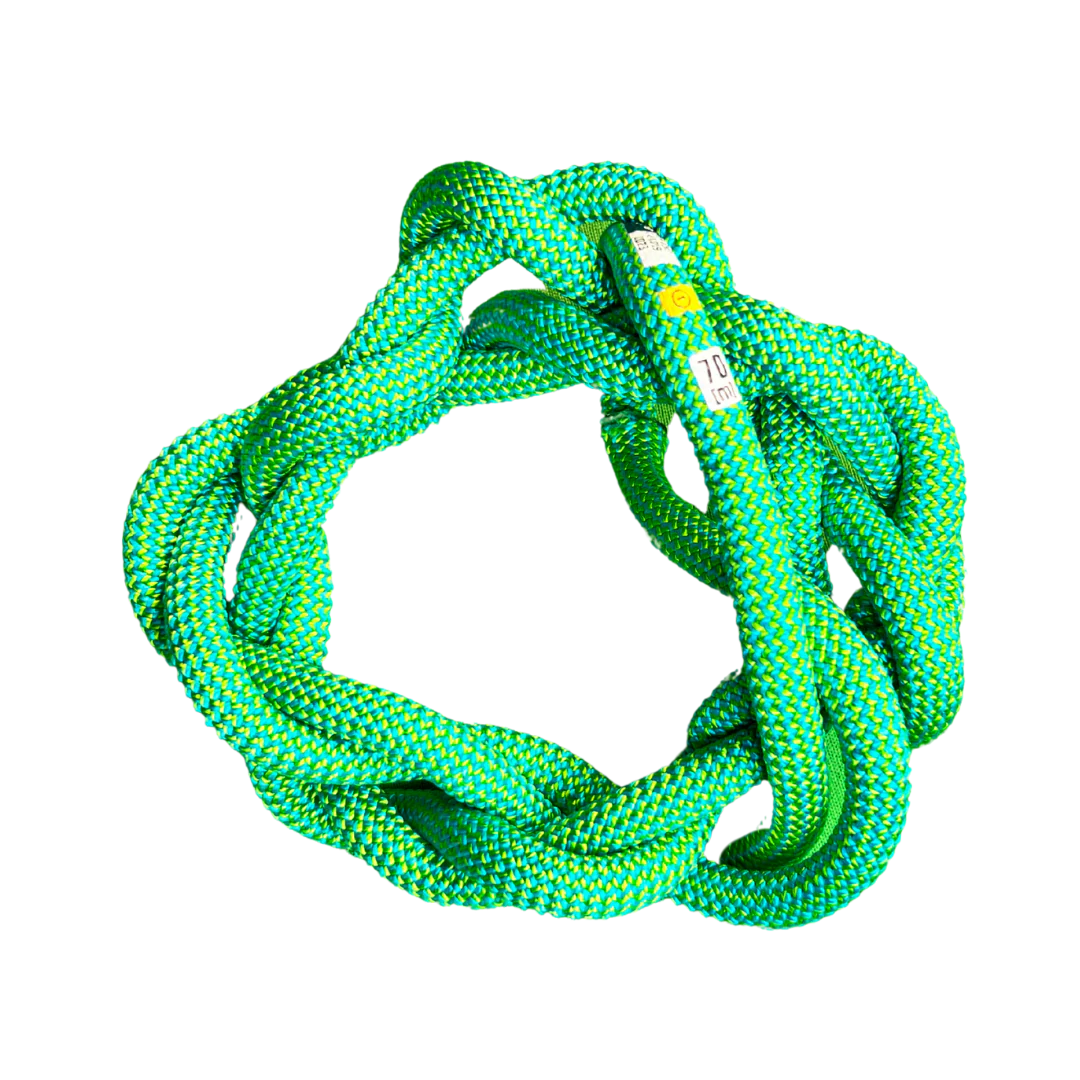 Medium rope toy in beige and orange colors with looped ends, shown on white background for safe and durable dog play.