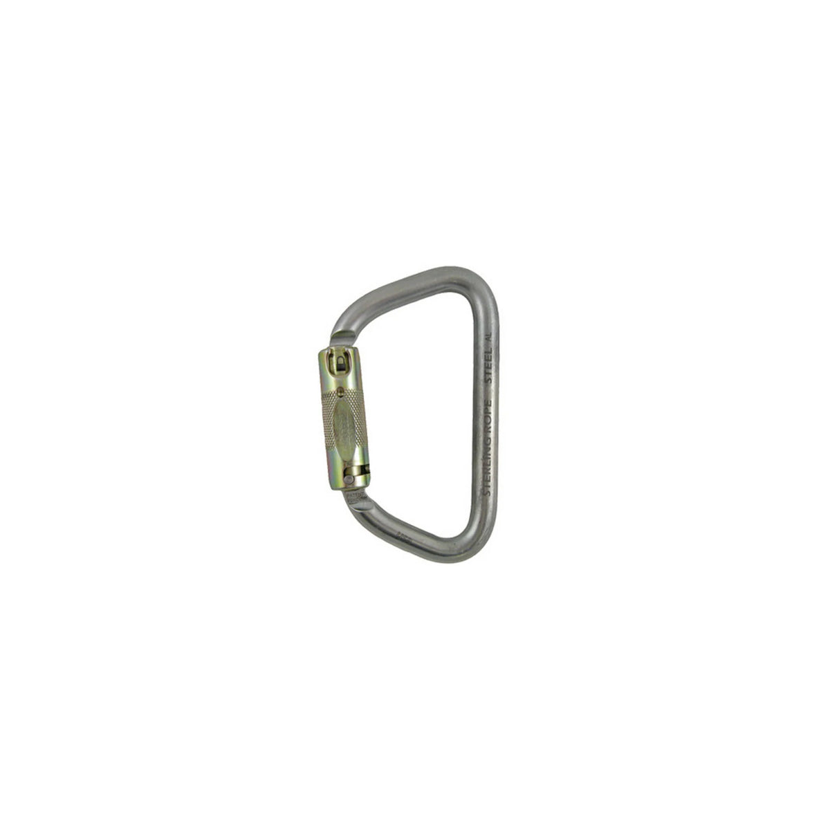 Sterling steel carabiner on white background, showing compact design with smooth curve and safety clasp for leash use.