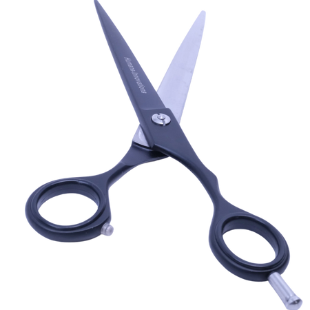 Straight grooming scissors with sharp stainless blades and comfort grip, laid flat on a white background for detail.