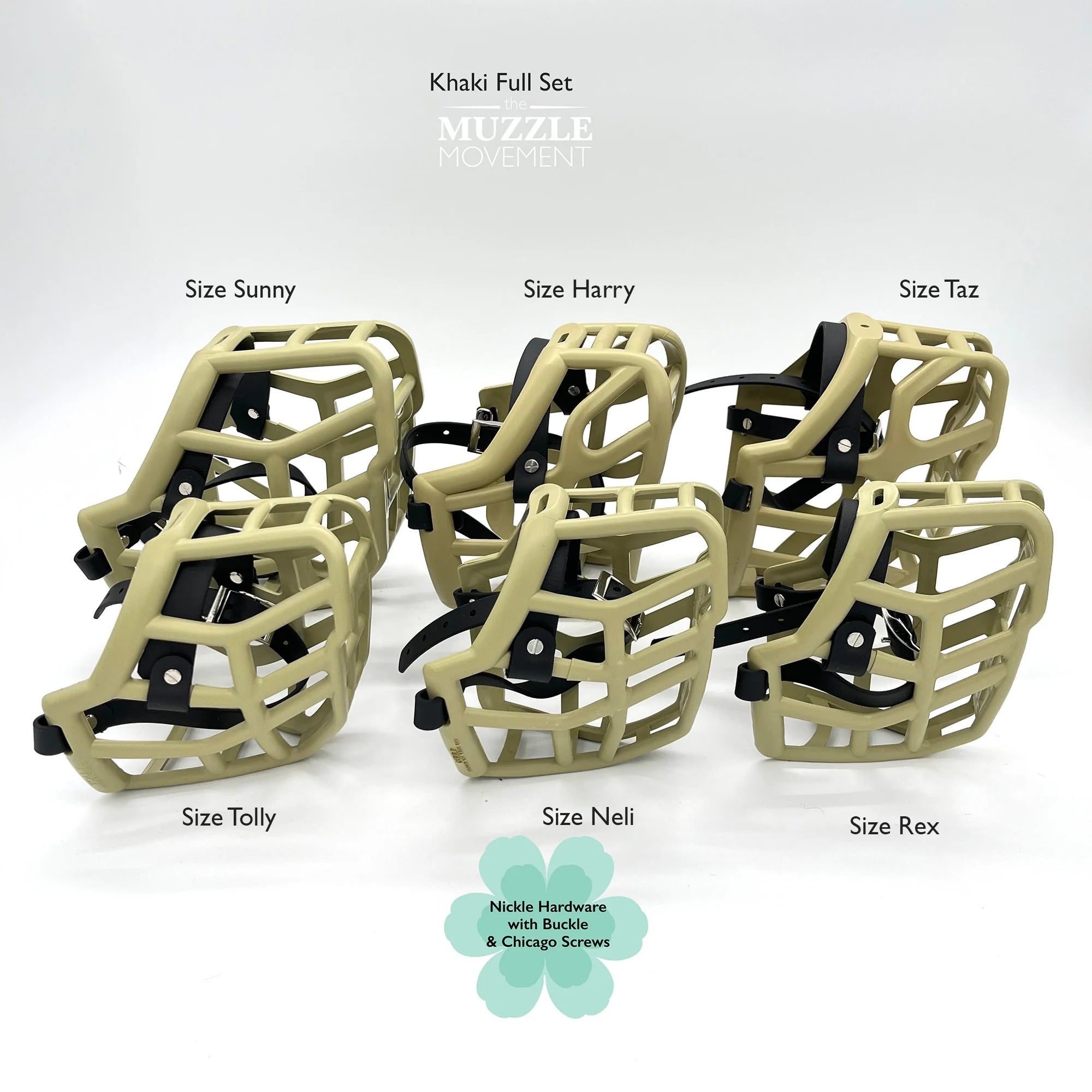 The Muzzle Movement Khaki Canine Pro set shown with accessories, includes muzzle, leash, and pouch on clean product display.