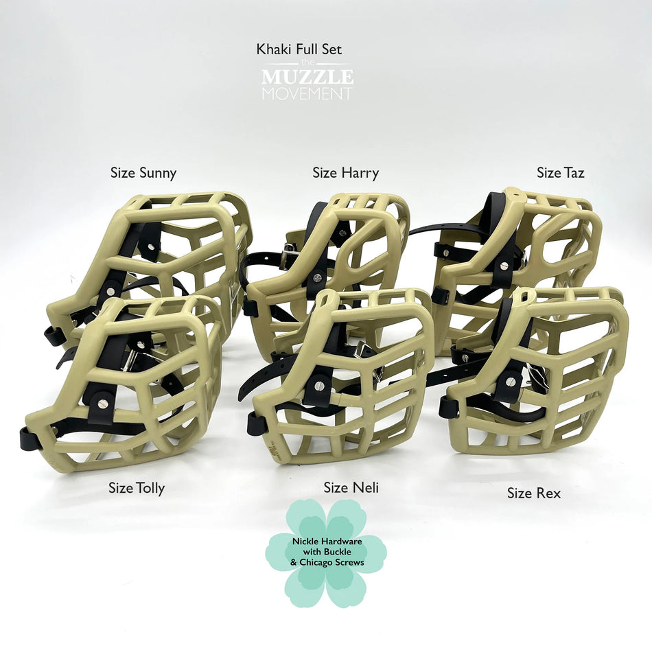 The Muzzle Movement Khaki Canine Pro set shown with accessories, includes muzzle, leash, and pouch on clean product display.