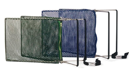 For safe animal capture in field operations, two long-handled nylon animal nets are positioned against a brick wall.
